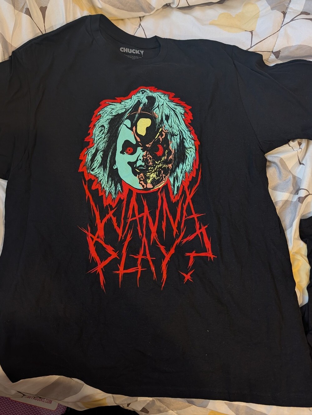 Chucky Black Graphic Tee - "Wanna Play?" Horror Print